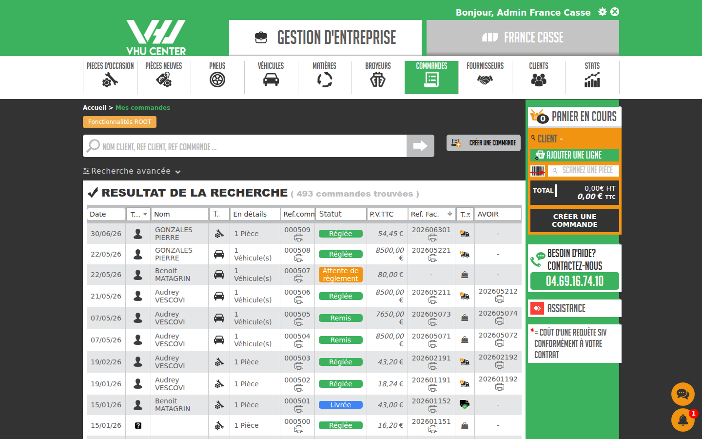 Gestion des commandes dans VHU Center