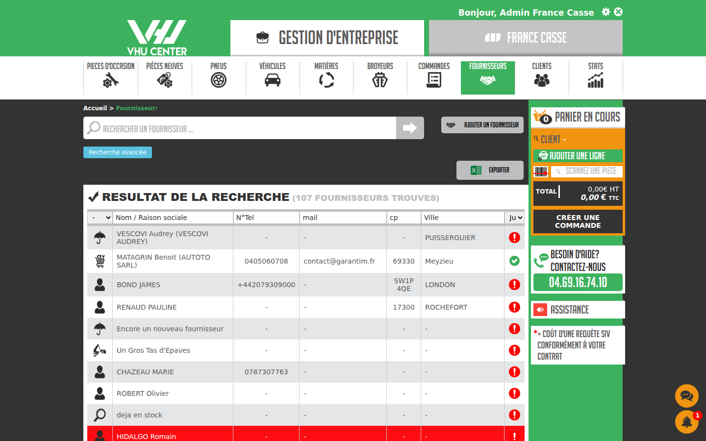 Répertoire des fournisseurs dans VHU Center