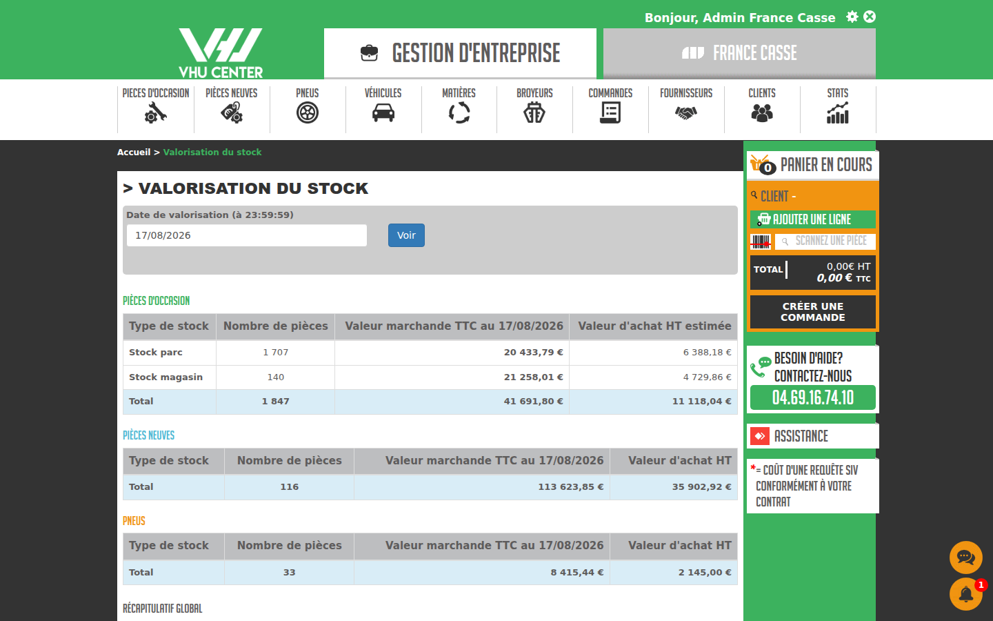 Valorisation du stock dans VHU Center