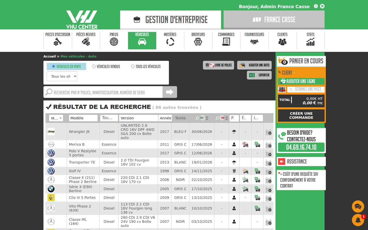 Écran de gestion des véhicules dans VHU Center