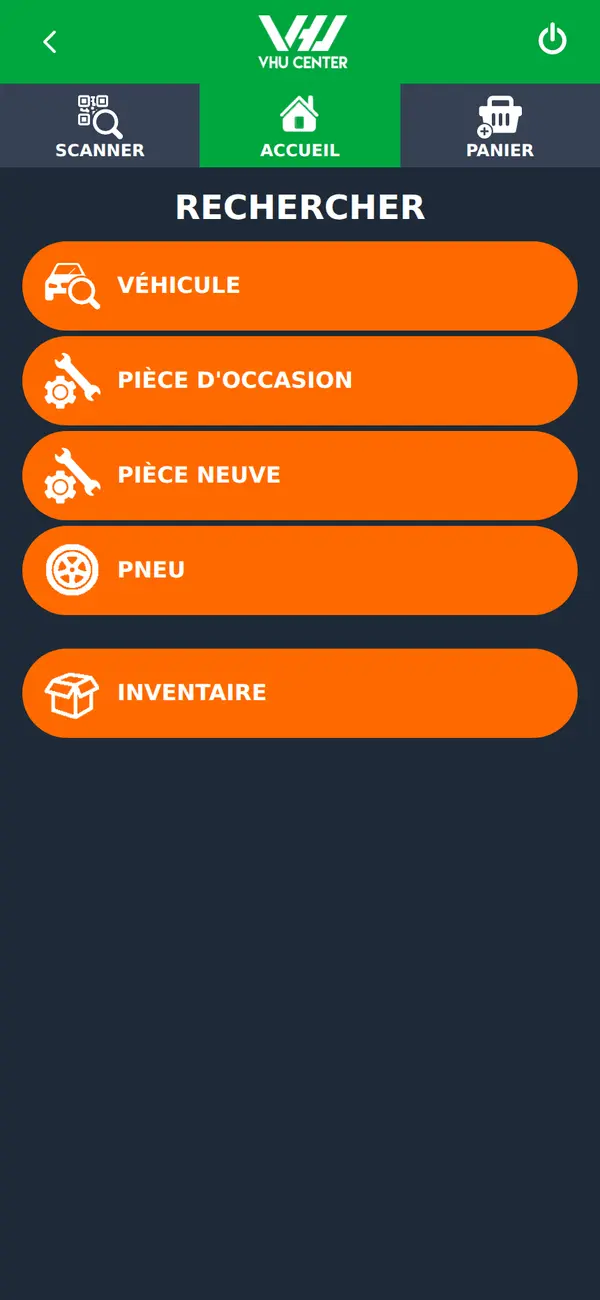 Écran d'accueil de l'application mobile VHU Center : véhicule, pièce d'occasion, pièce neuve, pneu, inventaire