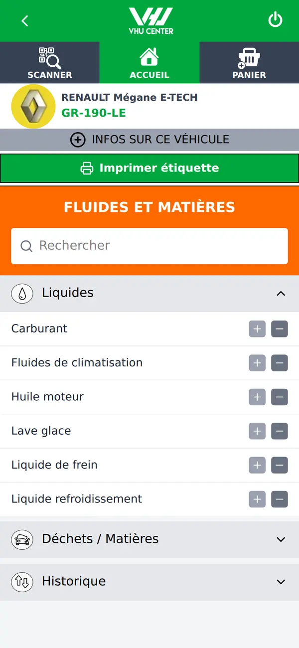 Écran Fluides et matières de l'appli VHU Center pour enregistrer la dépollution d'un véhicule