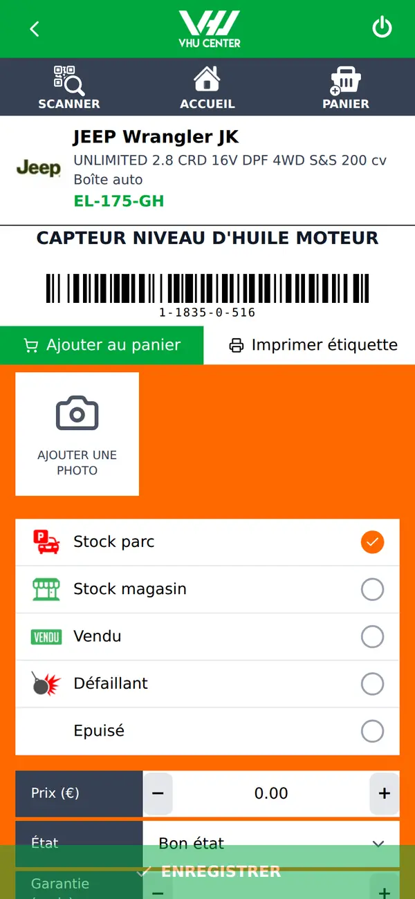 Fiche d'une pièce d'occasion dans l'appli VHU Center avec code-barres, ajout au panier et impression d'étiquette