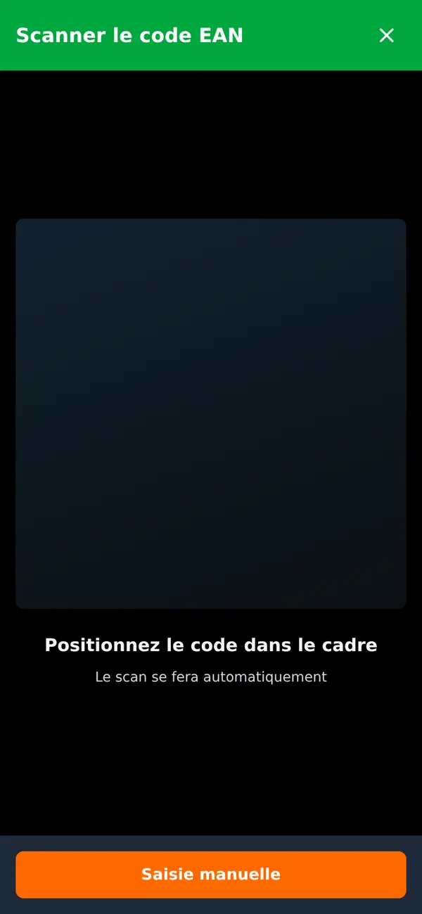 Écran de scan de code-barres EAN de l'application mobile VHU Center
