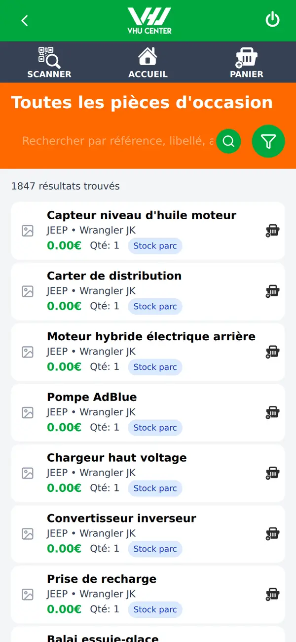 Recherche dans tout le stock de pièces d'occasion dans l'appli VHU Center