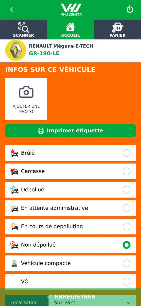 Fiche véhicule dans l'appli VHU Center : changement d'état, ajout de photo et impression d'étiquette