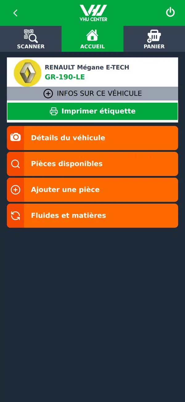Actions rapides sur un véhicule dans l'appli VHU Center : détails, pièces, ajout, fluides