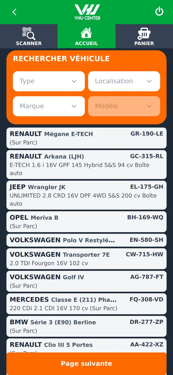 Recherche et liste des véhicules avec filtres marque, modèle et localisation dans l'appli VHU Center